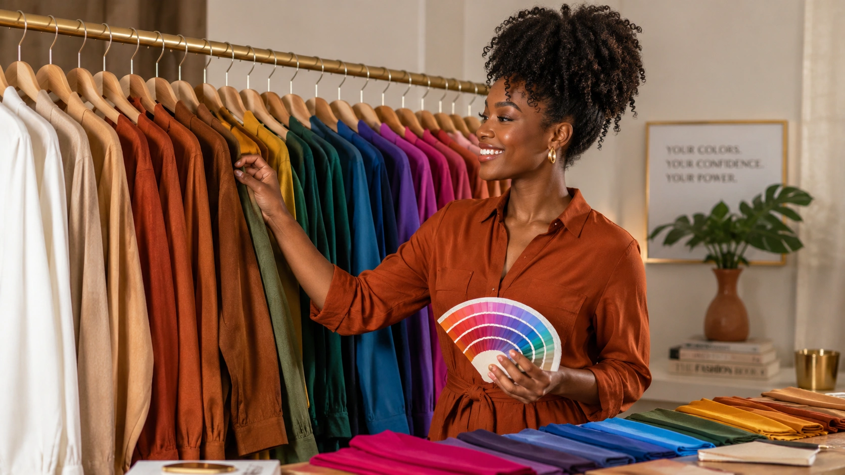 Portique de vêtements classés par couleur avec nuancier en main