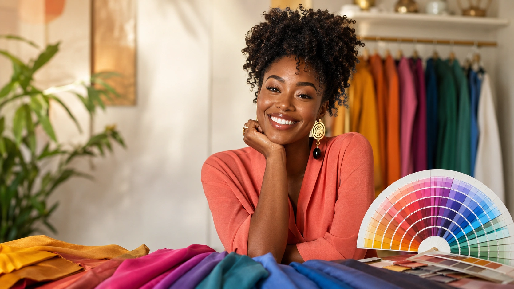Conseillère souriante entourée de tissus colorés et d'un nuancier
